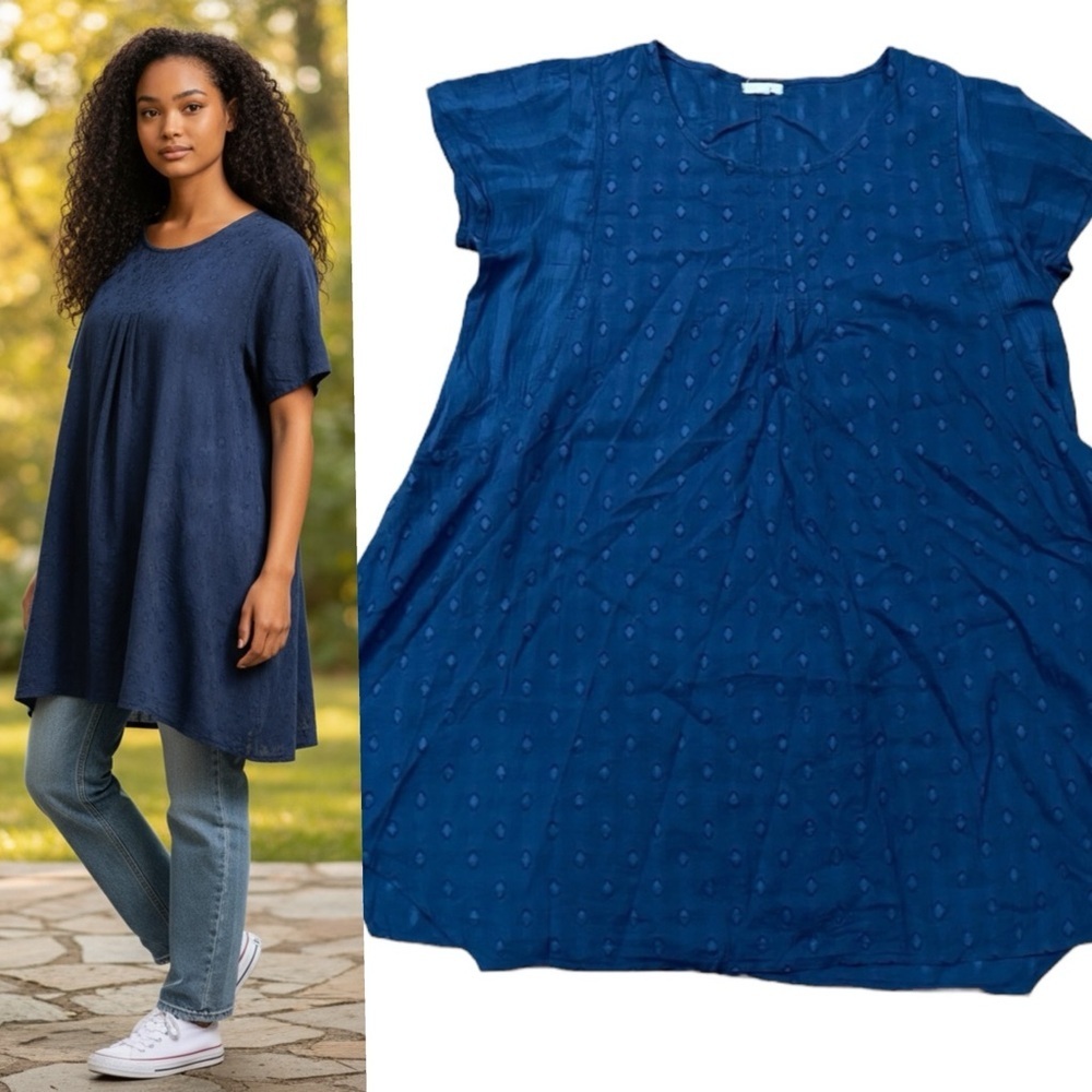 Namesar Navy Blue Cotton Oversized Dot Print Tunic Blouse Top Size Small/Medium